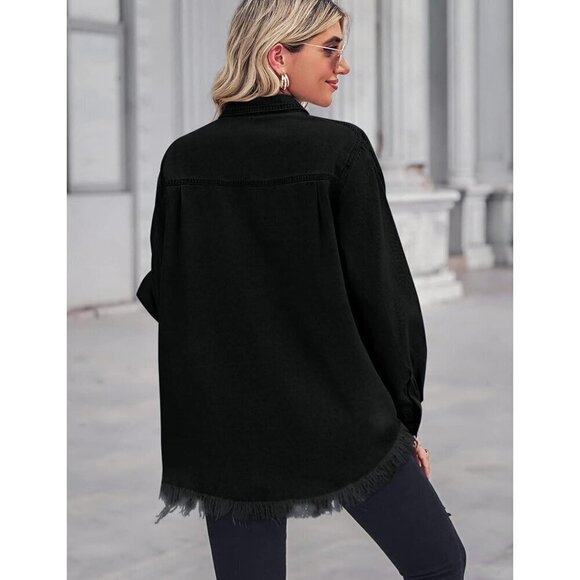 Women Black Chambray Collared Long Sleeve Pocket Button Down Denim Shirt - Picture 2 of 5